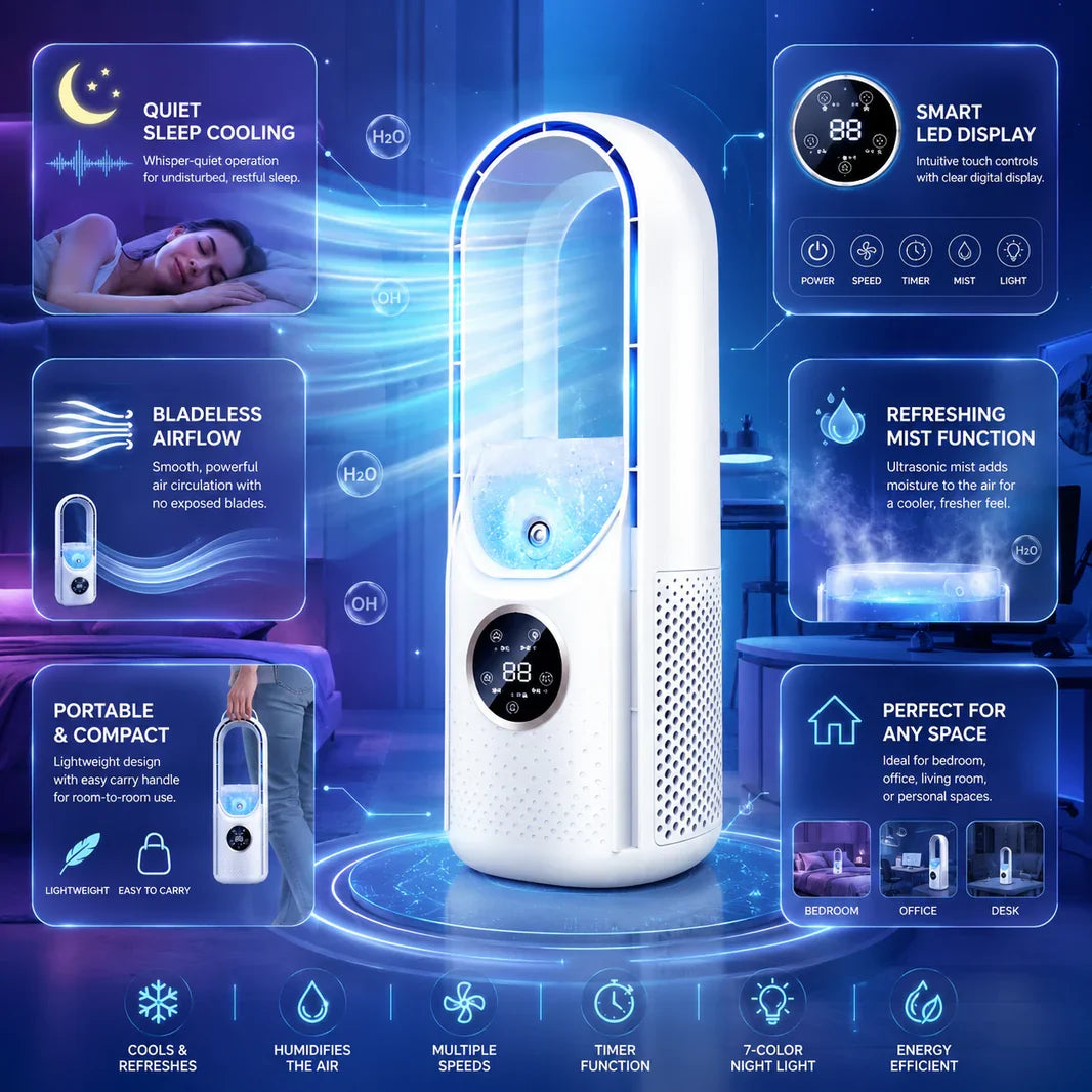 Compact Bladeless Portable AC Unit with Quiet Operation | Ideal Small Portable Air Conditioner for Bedrooms and Offices