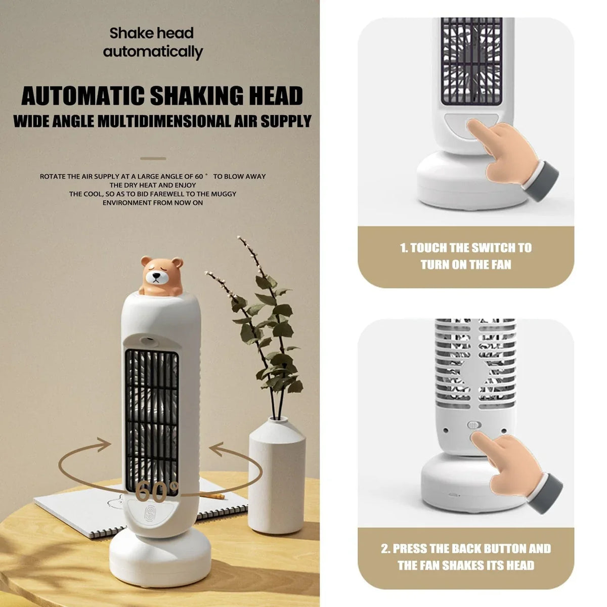 Charming Mini Bear | Air Cooler Humidifier Fan with 3-Speed Control | Compact Design for Ultimate Comfort