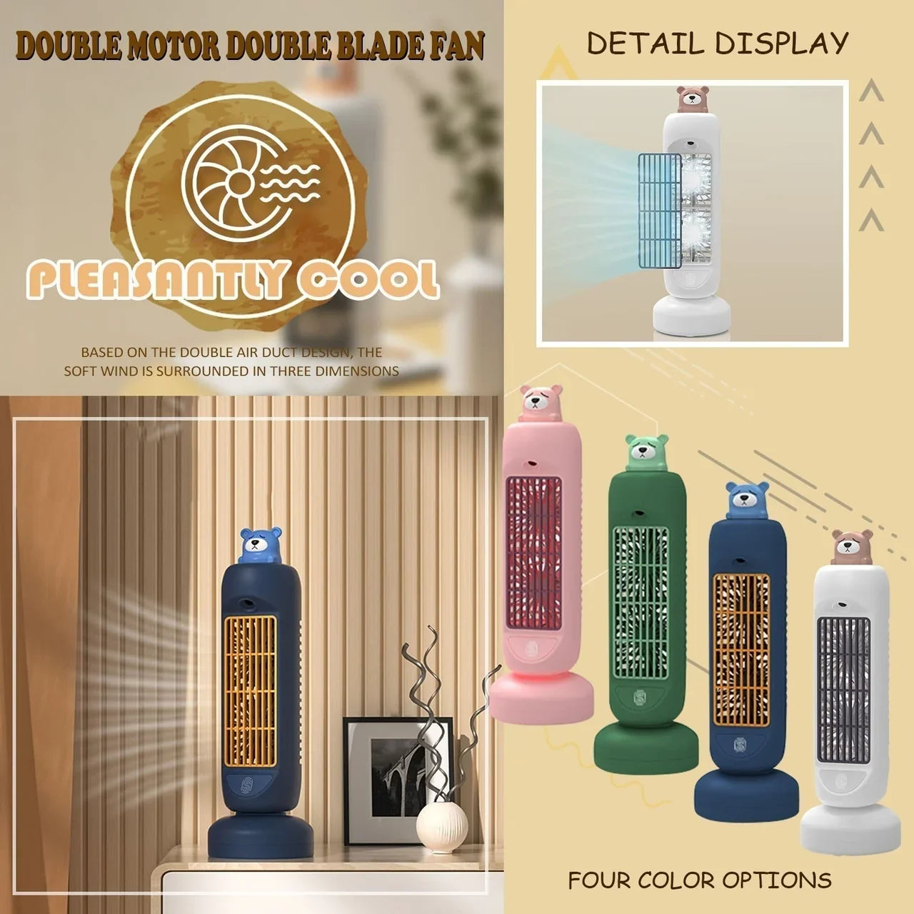 Charming Mini Bear | Air Cooler Humidifier Fan with 3-Speed Control | Compact Design for Ultimate Comfort