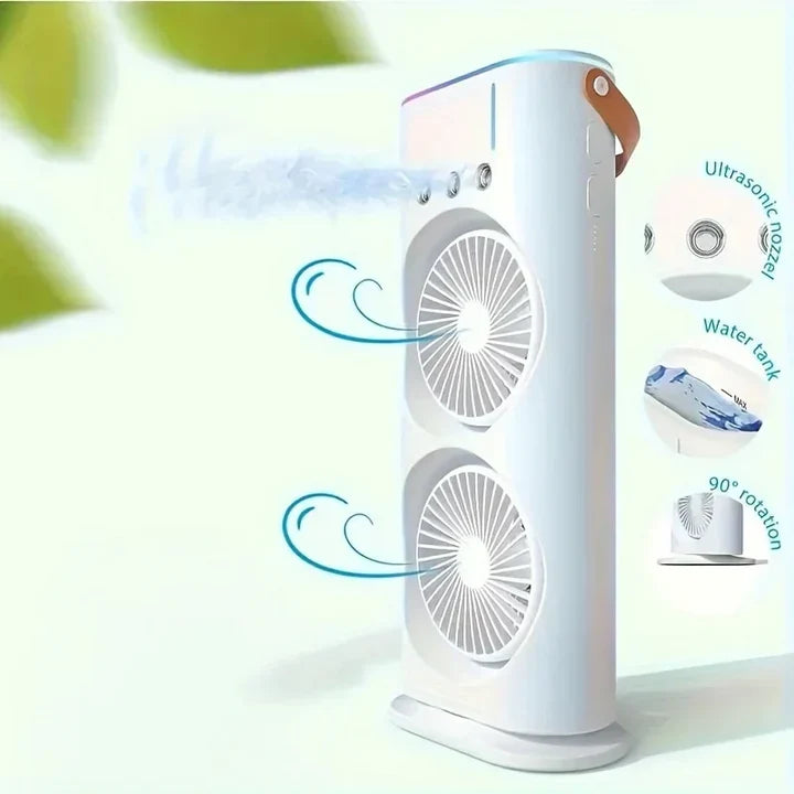 Portable Air Conditioner Fan | Dual Head Design with Mist Spray | USB Rechargeable for Personal Comfort