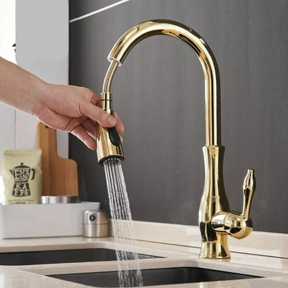 Retractable kitchen faucet in gold, black and silver