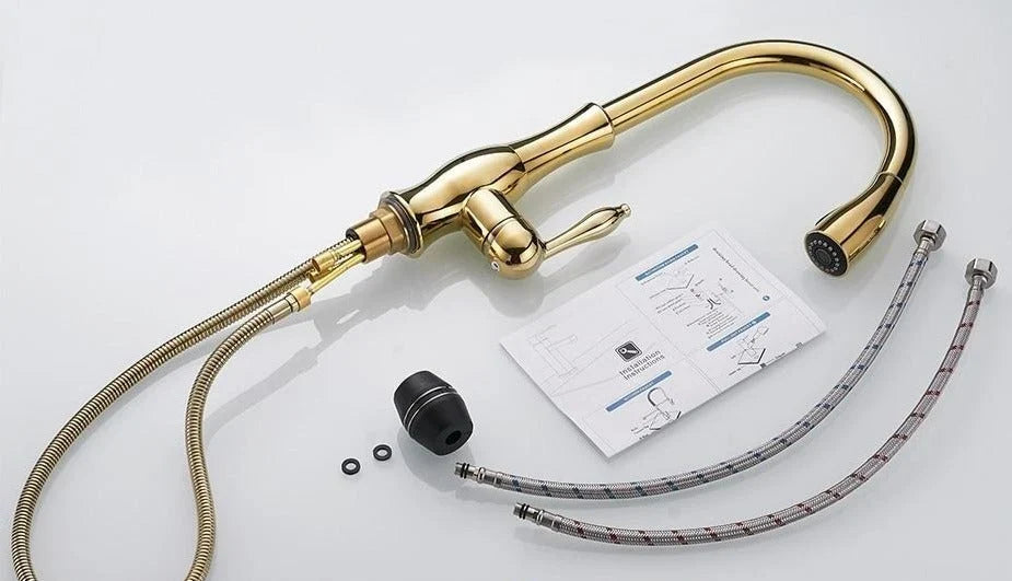 Retractable kitchen faucet in gold, black and silver